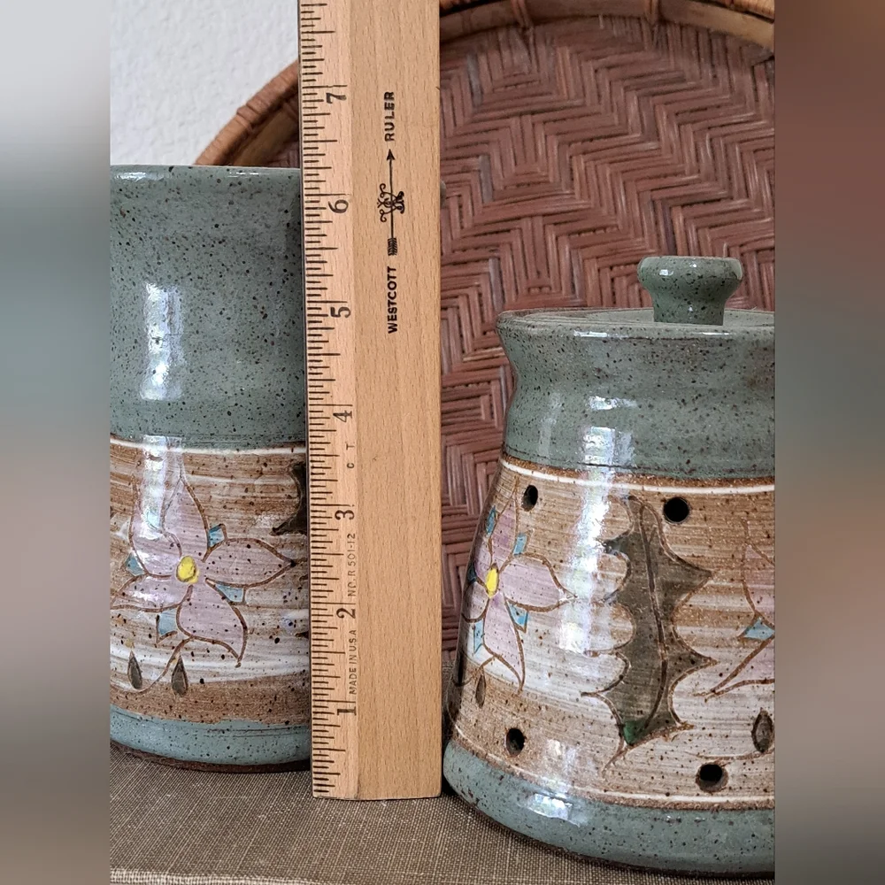 STUDIO POTTERY Stoneware Vessels Set Of 2 Vase Pot Jar Signed